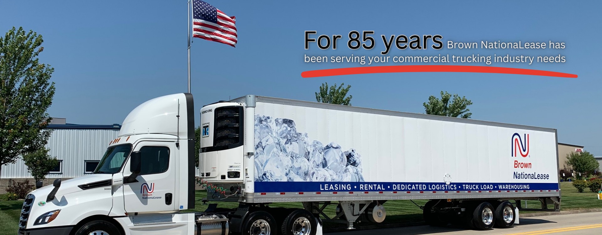 Brown NationaLease semi-truck and trailer branded with fleet services: Leasing, Rental, Dedicated Logistics, Truck Load, and Warehousing